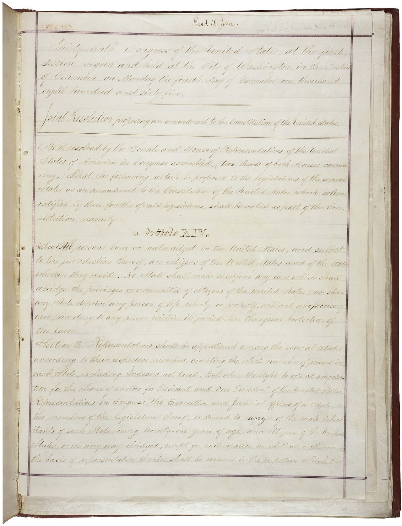 Manoscritto originale del XIV Emendamento, 1866 — National Archives, Washington.
